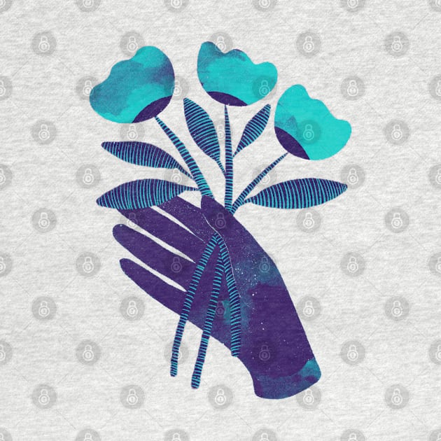 Dark purple blue hand with turquoise flowers for you on yellow by iulistration